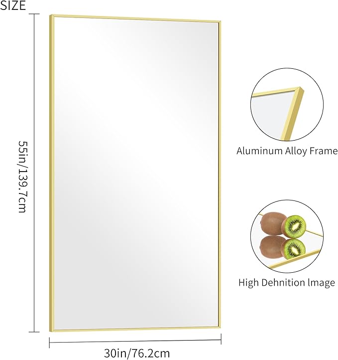 30x55In Gold Bathroom Mirror for Wall, Brushed Gold Rectangle Mirrors - Image 4