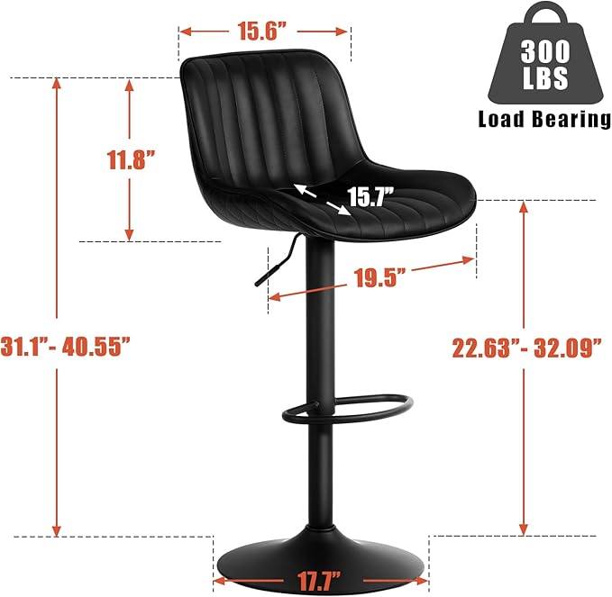 YOUNIKE Black Bar Stools Set of 2 Kitchen Counter Height Barstools Upholstered - Image 2