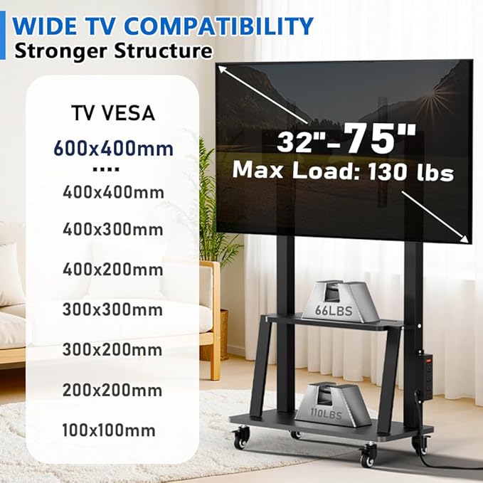 Rolling TV Stand with Power Outlet, Mobile TV Stand on Wheels - Image 3