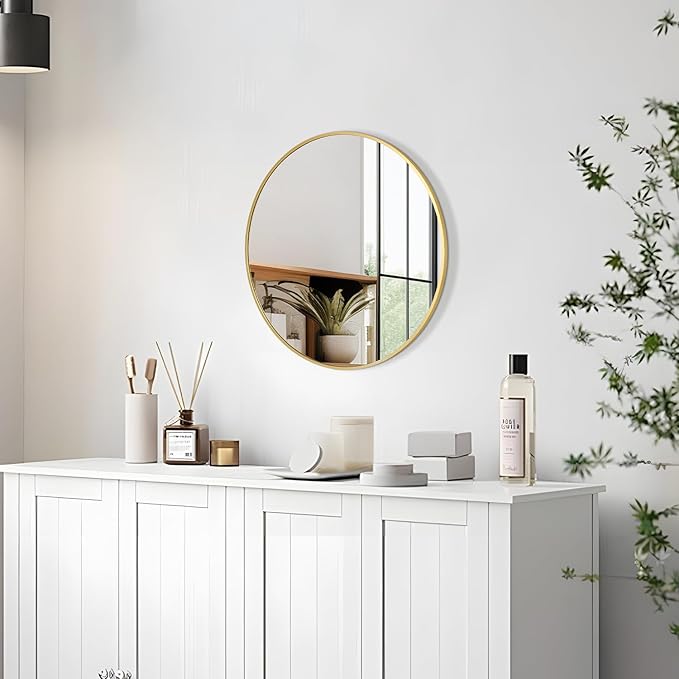 12 Inch Gold Round Bathroom Mirror Circle Wall Mirrors Brushed Metal Frame by PUZONJIG
