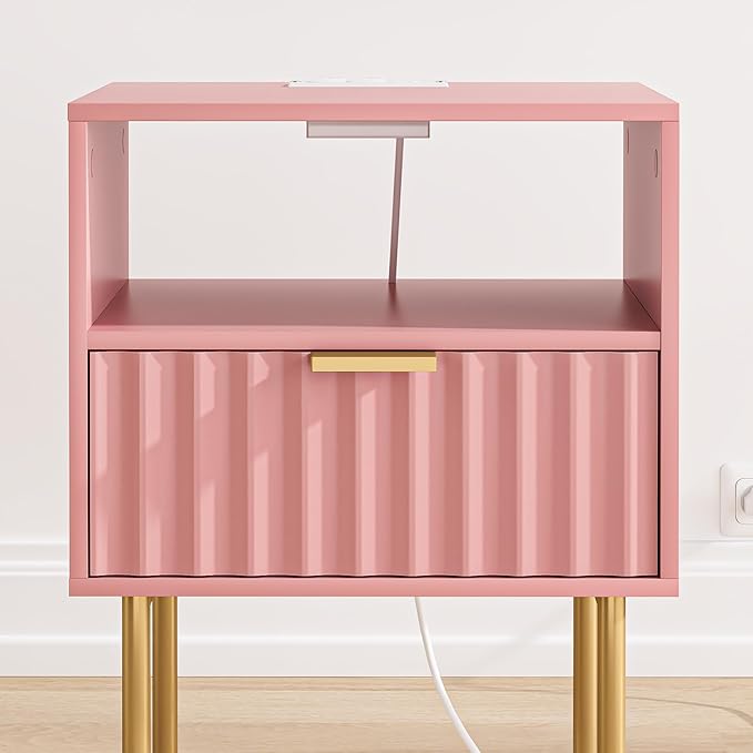 Masupu Nightstand with Charging Station, Mid-Century Modern Bedside Table with - Image 3