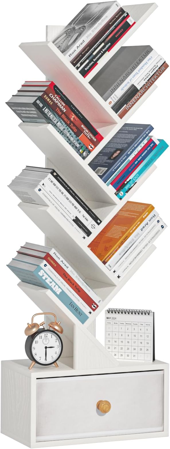 8 Tier Tree Bookshelf with Drawer, Free Standing Wood Bookcase by SHEEPAM