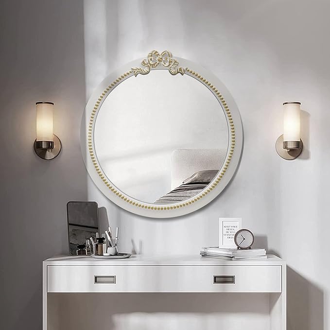 Vintage Round Wall Mirror 23.6inch Farmhouse Wooden Vanity Mirror - Image 5