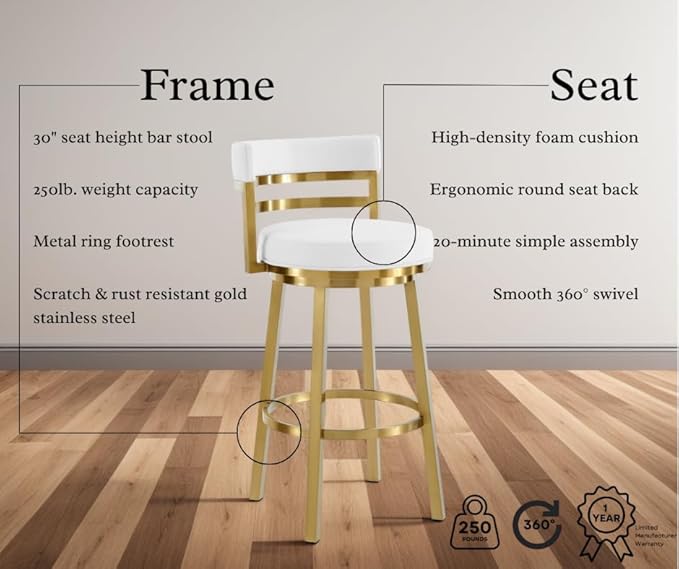 Armen Living Madrid 30" Seat Height Swivel Modern White Faux Leather and Gold - Image 4