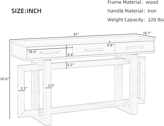 57” Console Sofa Table with 3 Storage Drawers, Modern Long Narrow Behind Couch - Image 2