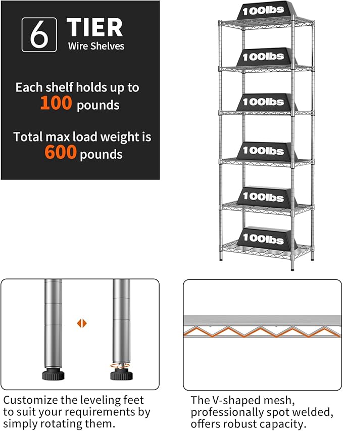 SINGAYE 6 Shelf Wire Shelving Unit Adjustable Metal Shelves Standing Bathroom - Image 4