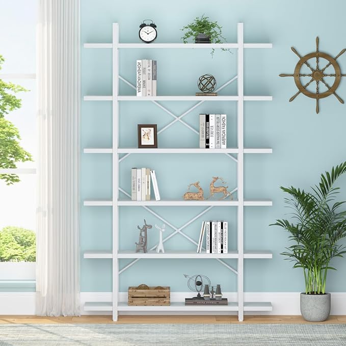 HSH 6 Tier Tall White Bookshelf, Industrial Modern Vertical Metal and Wood - Image 4