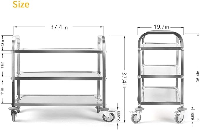 uyoyous 3 Tier Large Heavy Duty Stainless Steel Utility Cart 37"x20"x37" - Image 2