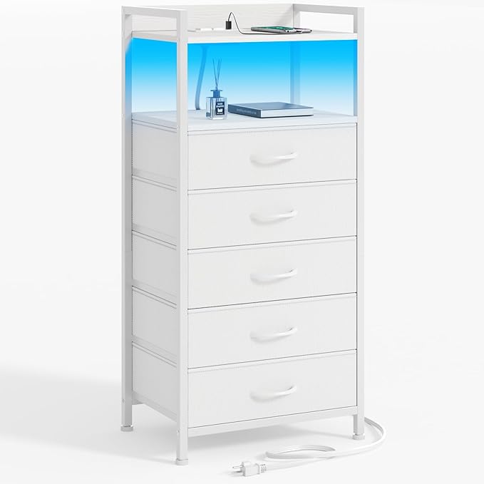 Furnulem White Nightstand with 5 Storage Drawer, Tall Dresser by Furnulem