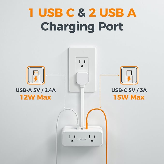 TESSAN Multi Plug Wall Outlet Extender, 6 inch Short Extension Cord, Flat Plug - Image 4