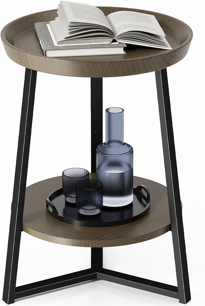 Gadroad Round End Table with Storage Shelf, 2 Tier Farmhouse Side Table by Gadroad