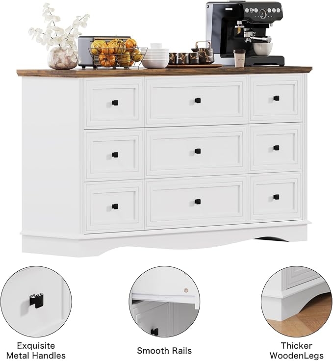 57" Wooden Dresser with 9 Drawers, Modern Farmhouse Furniture Organizer - Image 6