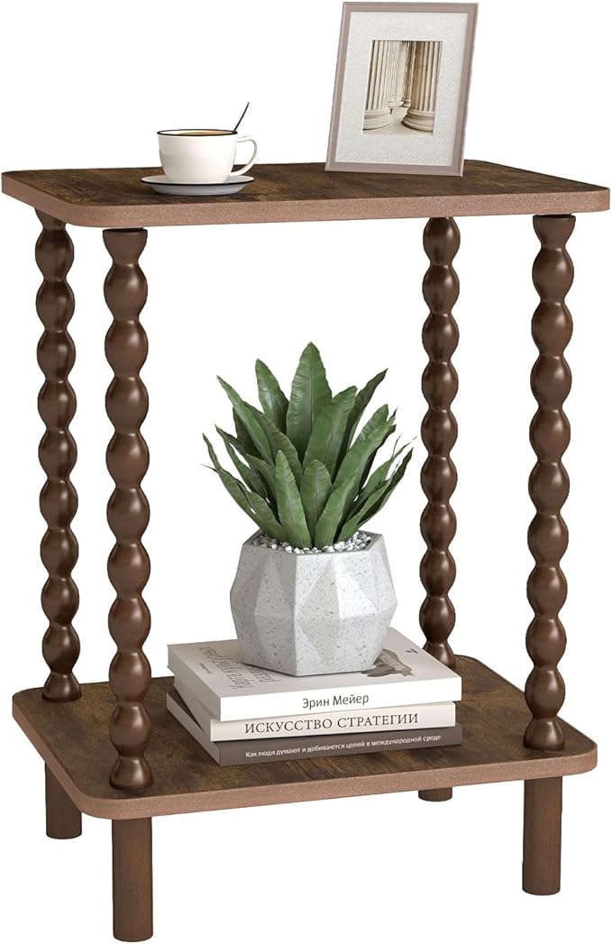 2-Tier End Table, Vintage Side Table, Solid Wood Bedside Table by Funecy