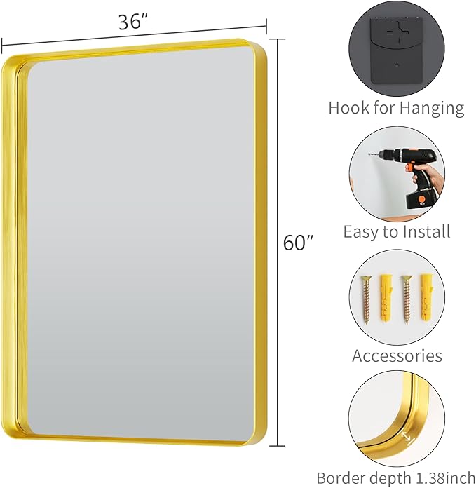 Koonmi Gold Wall Mirror for Bathroom, 36x60 Inch Matte Deep Framed Rounded - Image 5