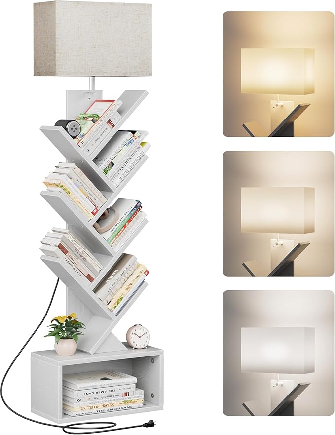 6 Tier Tree Bookshelf with Light, Narrow Bookcase Tower, Tall Floor Standing by Evermagin