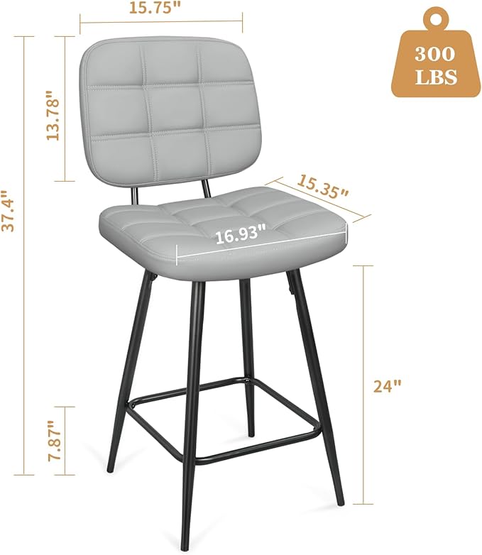 Bar Stools Set of 2, 24 Inch Upholstered Metal Barstool - Image 3