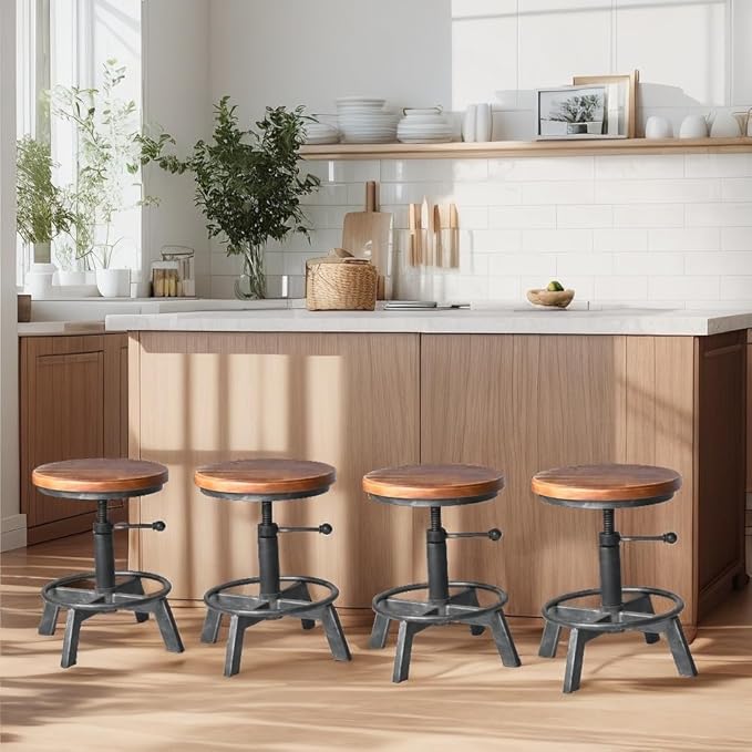 Set of 2-Industrial Bar Stool-Counter Height Chairs- Swivel Wooden Seat- - Image 6