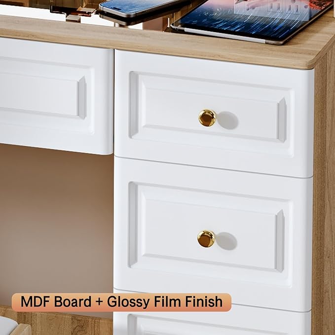 43" Makeup Vanity Desk with Mirror and Lights, & Power Outl, Glass Top Big - Image 7