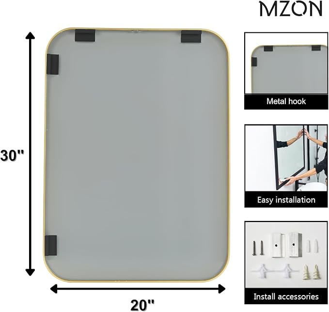 MZON 20x30 Inch Brushed Gold Vanity Mirror, Rectangle Bathroom Mirrors - Image 4