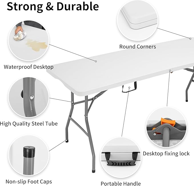 6 FT Folding Table for Indoor Outdoor, Portable Heavy Duty Folding Camping - Image 5