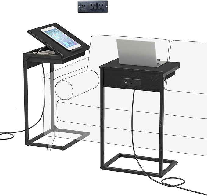 C Shaped End Table with Charging Station, 45° Tiltable Adjustable Flip Top Side by Unknown