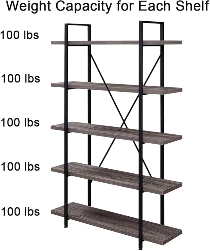 HSH 5-Shelf Vintage Industrial Rustic Bookshelf, 5 Tier Wood and Metal Bookcase - Image 6