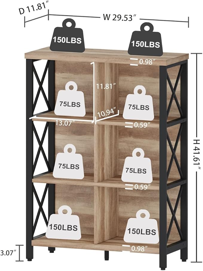 FATORRI 6 Cube Storage Organizer Shelf, Wood and Metal Cubby Bookcase, - Image 2