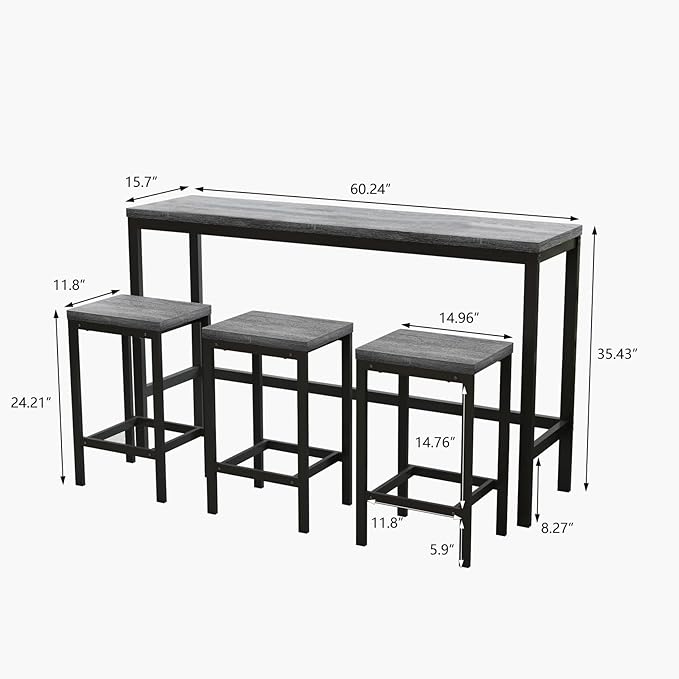 KEIKI 60.24” Long Bar High Top Dining Table and 3 Stools Chairs Set, Wood - Image 2