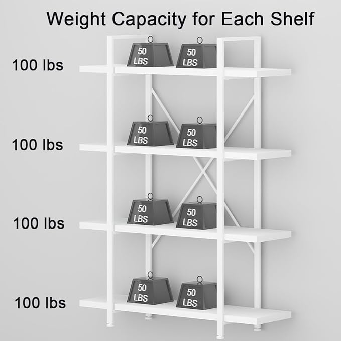 HSH 4 Tier White Bookshelf, Modern 4 Shelf Etagere Bookcase, Industrial Wood - Image 8