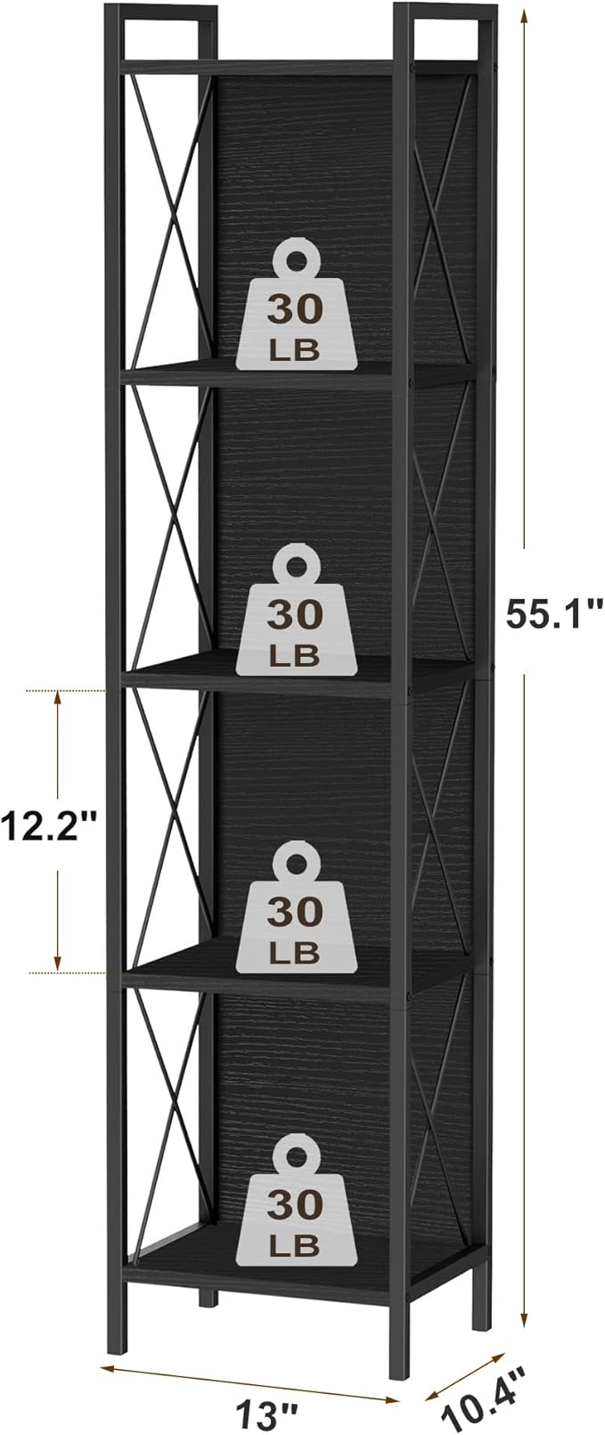 Homhedy 5 Tier Bookshelf Bookcase, Tall Narrow Bookshelf - Image 3