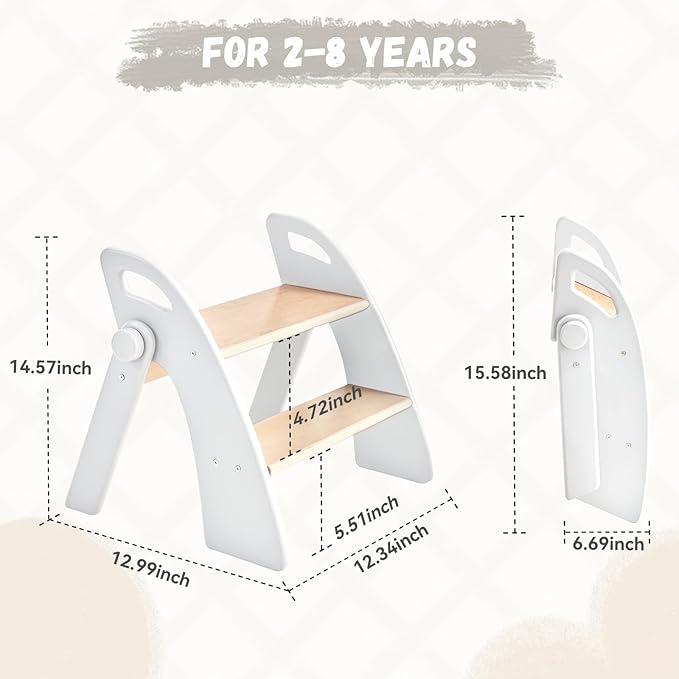 Wooden 2 Step Stool for Kids Bathroom Sink Foldable Anti-Slip 2-Step for Toilet - Image 3