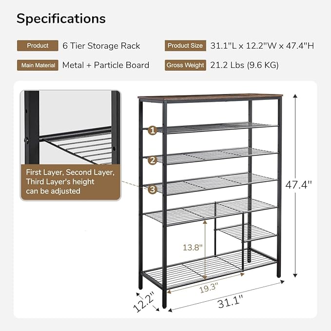 6 Tier Shoe Rack Organizer, Metal Mesh Shoe Storage Shelf, Storage Boots .for - Image 3