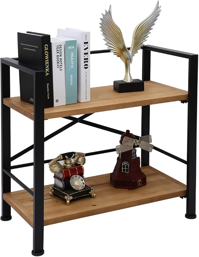 Crofy Rustic Bookshelf, 2 Tier Real Wood Bookshelf, Metal Book Shelf by Crofy