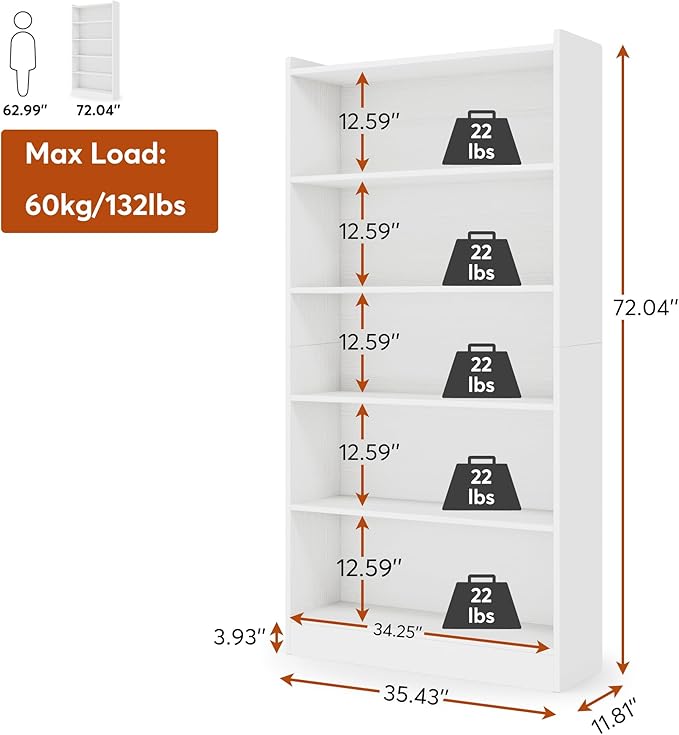 Tribesigns 72-inch Tall Bookcase, Modern 6-Tier White Library Bookshelf - Image 2