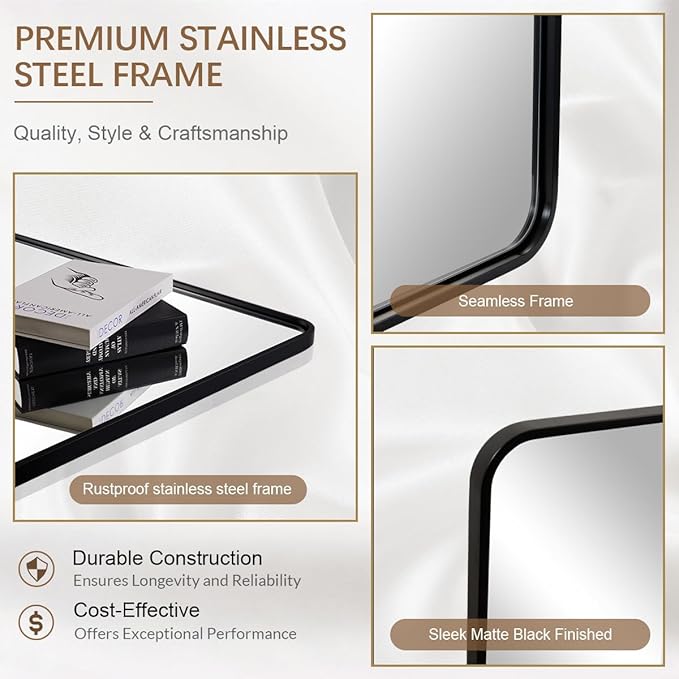 ANDY STAR Mirror for Bathroom 24X36 Inch, Matte Black Mirror Rounded Rectangle - Image 5