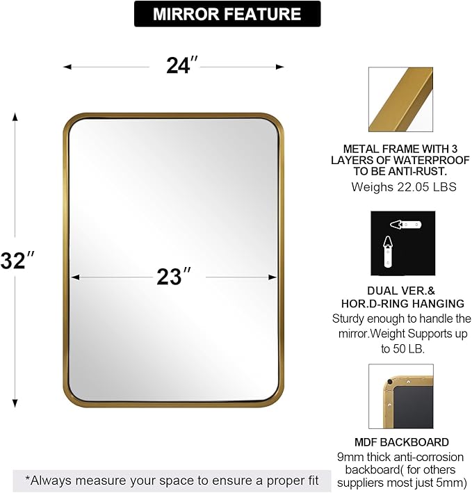 ANDY STAR 24x32 INCH Gold Bathroom Mirror, Brushed Brass Mirror, Rounded - Image 2
