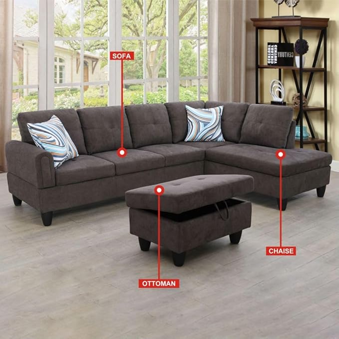 Dark Brown L-Shaped 3-Piece Flannel Sofa - Image 3