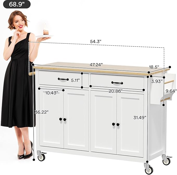 Rovibek Kitchen Island on Wheels Large in Rolling Island Wood Mobile Portable - Image 2