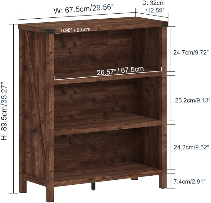 BON AUGURE Rustic Short Bookshelf, 3 Shelf Bookcase, Small Wood Low Book - Image 2
