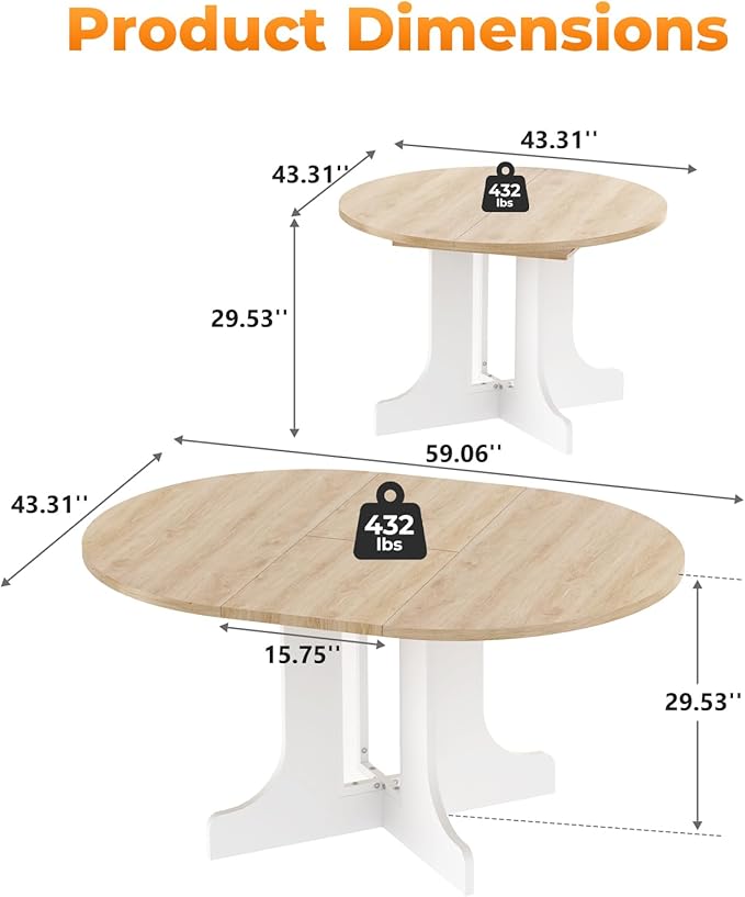 43"-59" Expandable Round Dining Table, Extendable Dining Room Table - Image 2
