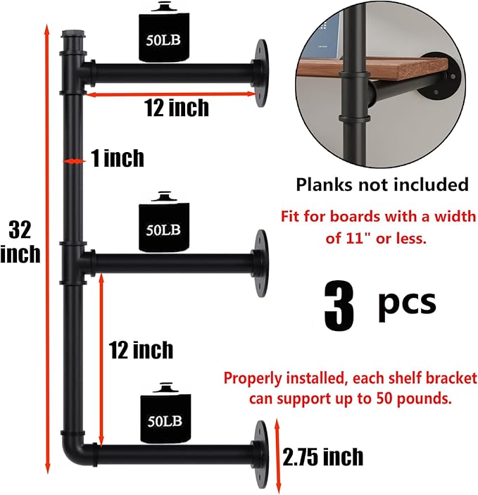 Industrial Pipe Shelf Brackets Wall Mount, Open Black Pipe Shelving - Image 3