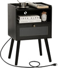 AWASEN Black Nightstand with Charging Station, Modern Bedside Table with Glass by AWASEN