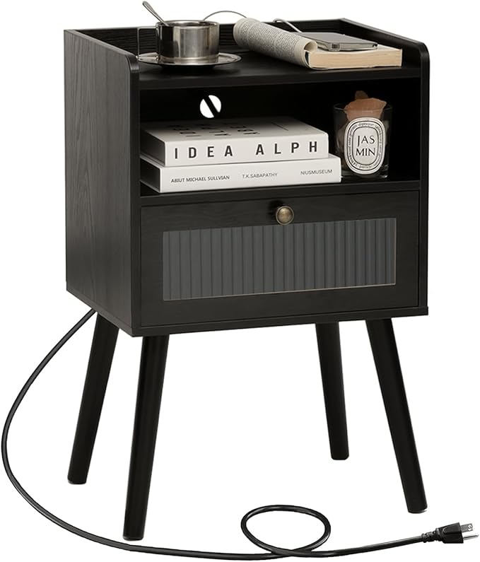 AWASEN Black Nightstand with Charging Station, Modern Bedside Table with Glass by AWASEN
