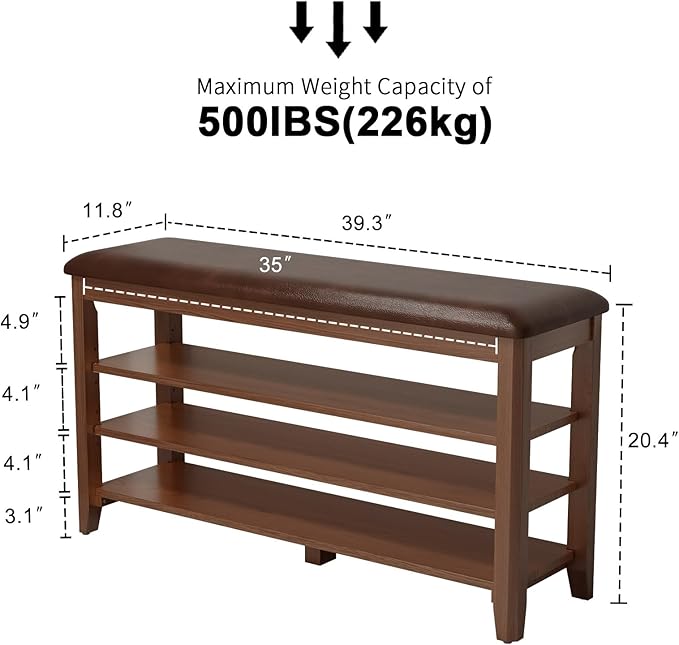Shoe Bench with Leather Cushion, 3 Tiers Shoe Storage Bench Height Adjustable - Image 2
