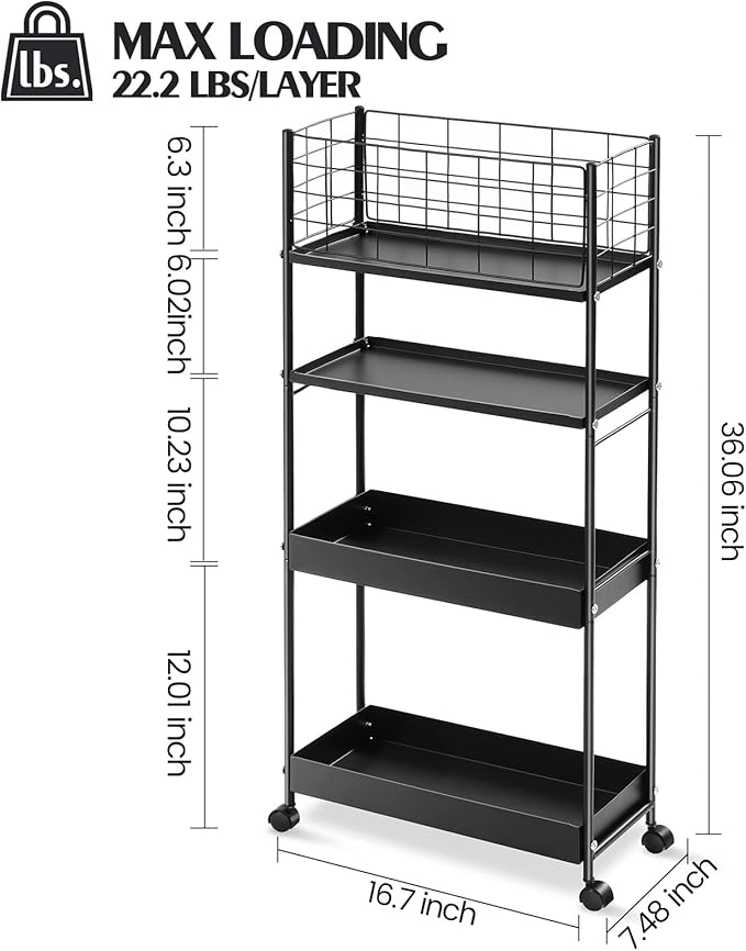 KINGRACK Slim Storage Cart, 4-Tier Metal Utility Rolling Cart - Image 2