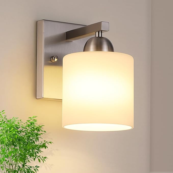 Brushed Nickel Milk Glass Wall Sconces, 1 Pack Hardwired Indoor Wall Light by MecgirnLighting