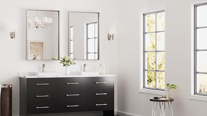 Keonjinn 24 x 36 In Brushed Nickel Bathroom Mirror, Rectangular Metal Framed - Image 2