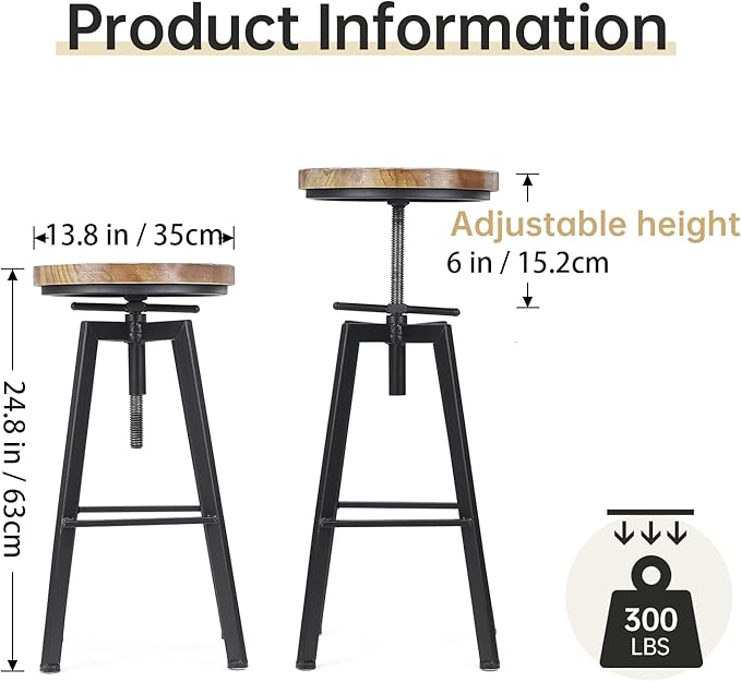Vintage Adjustable Bar Stools Set of 2, Height Ranges from 24.8 to 30.8 inch - Image 3