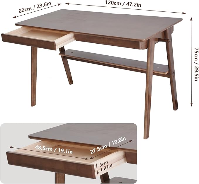 Oak Desk with Drawers, Solid Wood Desk with Bookshelf Small Computer Desk - Image 3