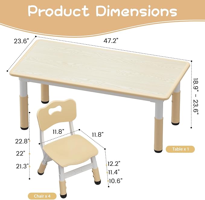 GarveeHome Kids Table and 4 Chairs Set, Height Adjustable Toddler Table and - Image 2